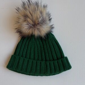 J.Crew Ribbed Beanie Hat with Faux-Fur Pom-Pom-NWT-Emerald Green-One Size